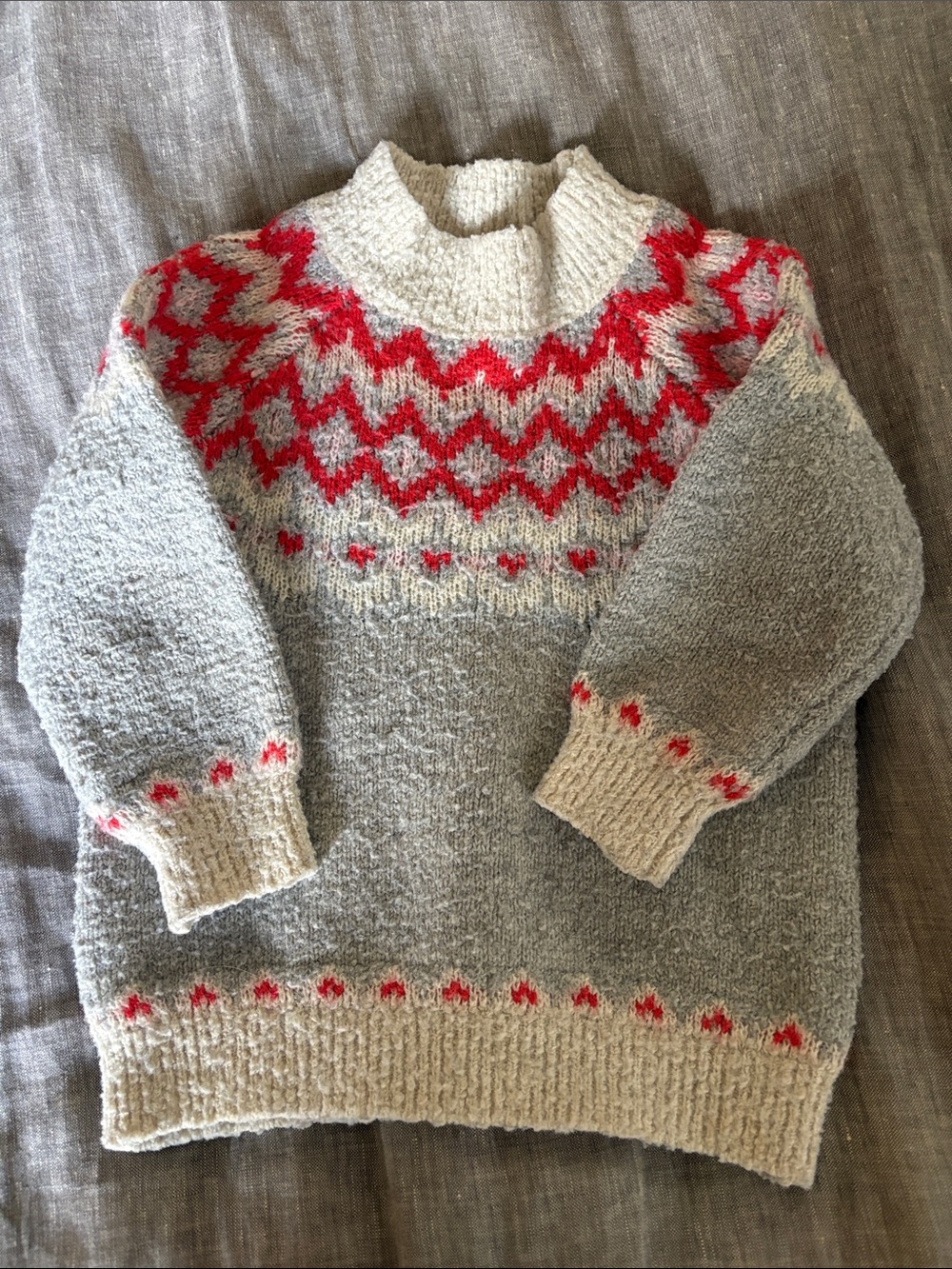 Cat & Jack 2T Cozy Grey & Red Nordic Knit Sweater